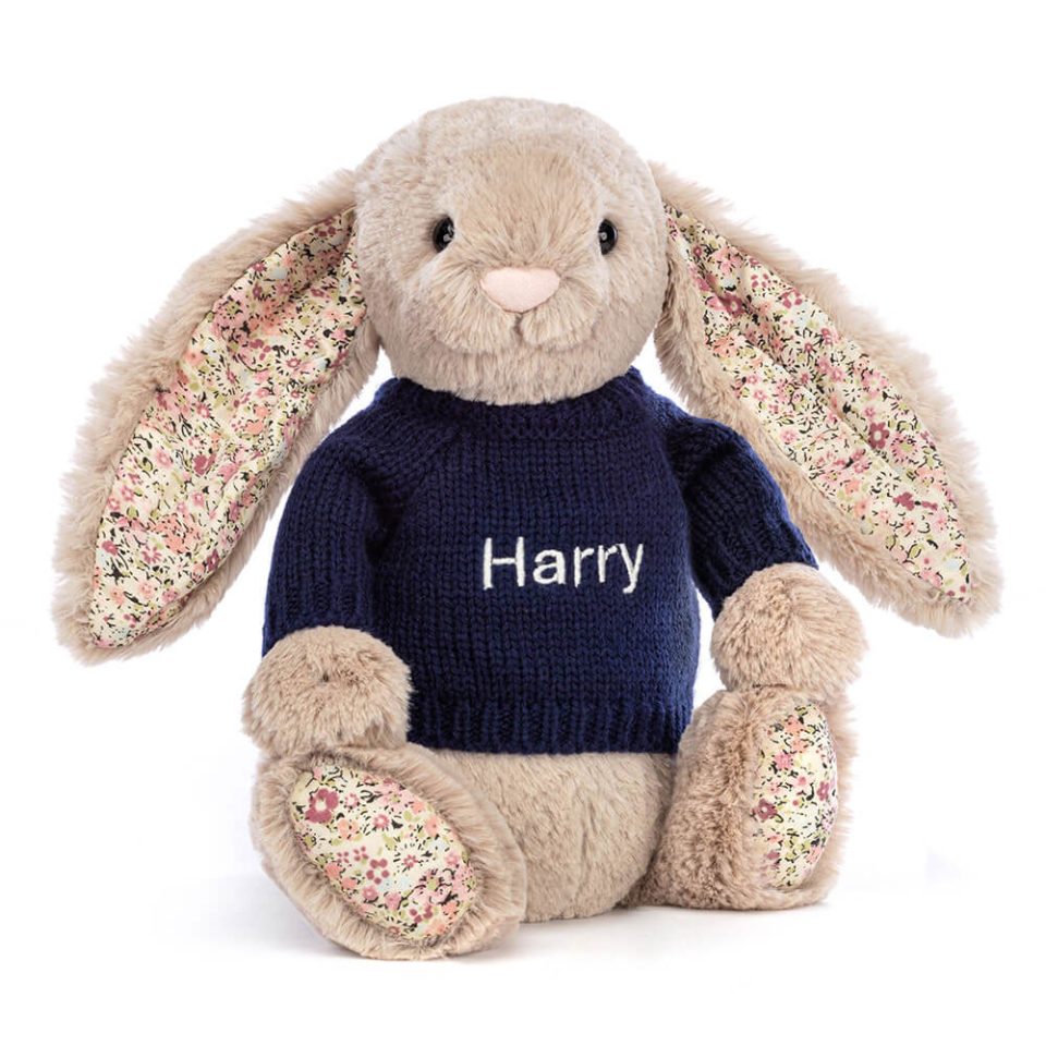 Blossom Bea Beige Bunny with Personalised Navy Jumper